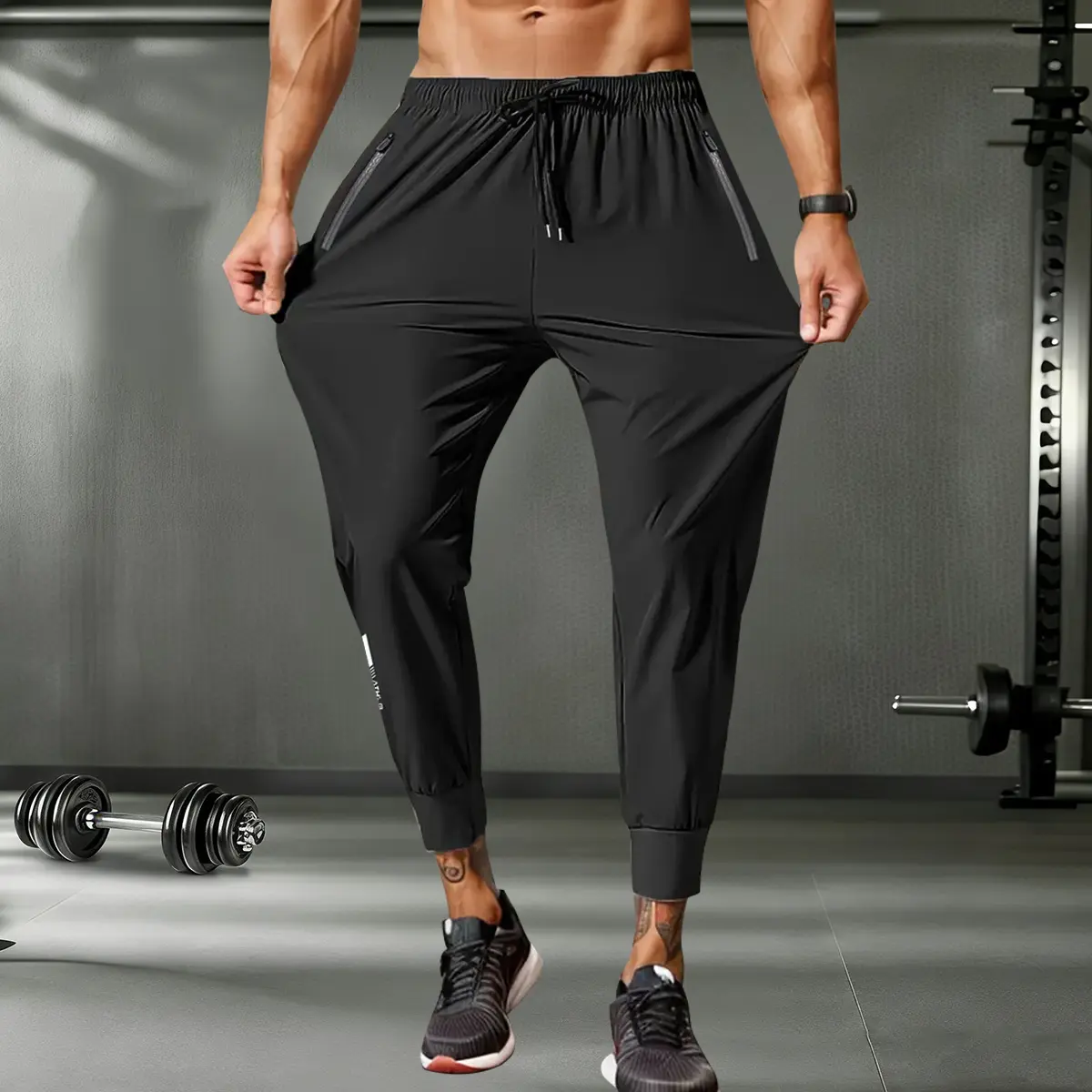 Men's Mid-Waist Ice Fiber Soft Fitted Basics Joggers - Solid Color, Lightweight, Breathable, Cooling Tech, Zip Pockets, Adjustable Drawstring Athleisure Pants for Summer Gym, Outdoor Workouts, Running Outfits, Soft Jogger Trousers, Workout Joggers