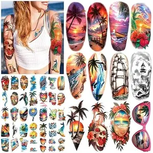 77 Sheets Temporary Tattoo for Women and Men, 17 Sheets Half Arm Beach Flower Skull Sunset Fake Tattoos, 60 Sheets Holiday Ocean Tiny for Adults Kids Body Tattoos Stickers Waterproof Realistic
