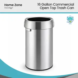 Home Zone Living 16 Gallon Stainless Steel Open Top Trash Can with Round Design, Silver
