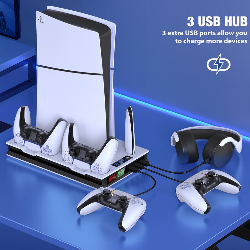 PS5 Stand and Cooling Station with Controller Charging Station for PS5 Slim/PS5/PS5 Pro, PS5 Accessories Incl,3 Levels Cooling Fan, 3 USB Hub, Headset Holder, Media Slot for PS5 Slim&PS5 Disc/Digital Console