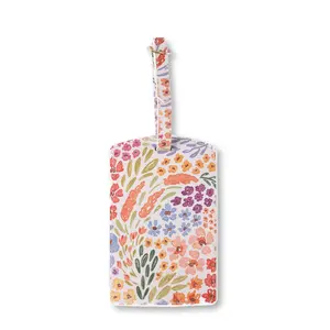 Luggage Tag | Vegan Mushroom Leather | Floral Travel Accessory | Privacy Flap | Gold Buckle Hardware