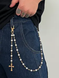 Men's Punk Simple Cross Pants Chain, Cross Design, Hip Hop Faux Pearl Body Chain for Pants Decoration, Daily Party Wear Accessory, Imitation Pearls, Body Jewelry Accessory