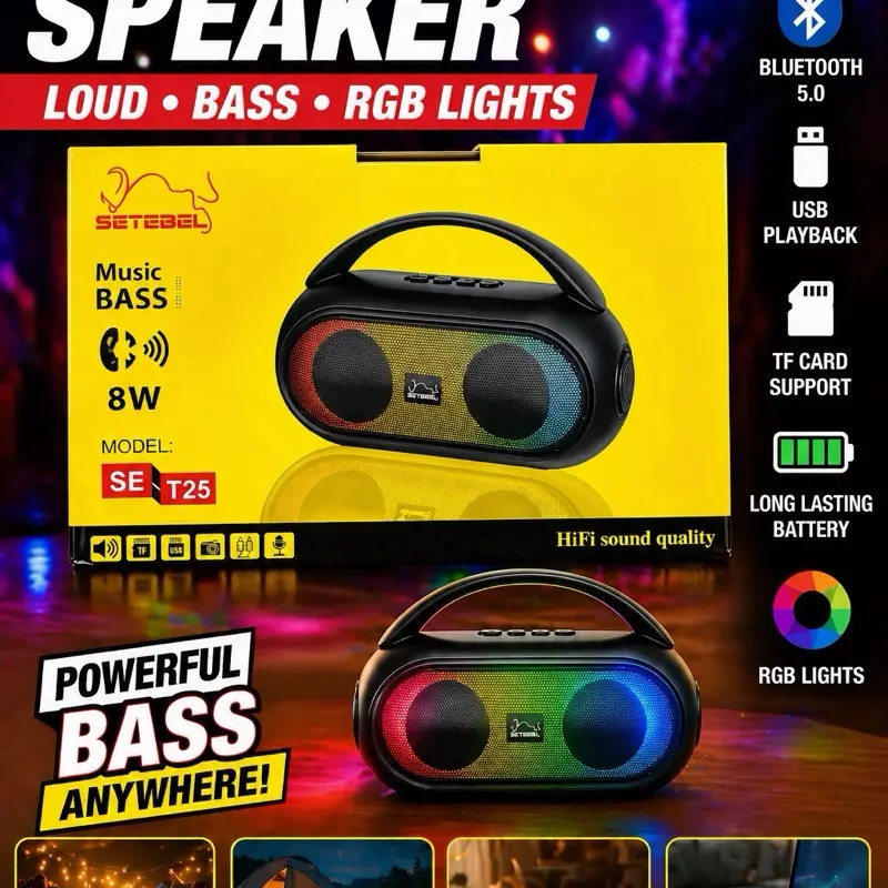 SETEBEL SE-T25 Bluetooth 5.0 Speaker with RGB Lights, 8W Bass, USB & TF Card Support, Long Lasting Battery, HiFi Sound Quality