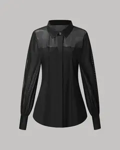 CrepeShine Slim Shirting - Long Sleeve Fitted Blouse with Gold Buttons & Mesh Shoulder Detailing for Women's Autumn Wear