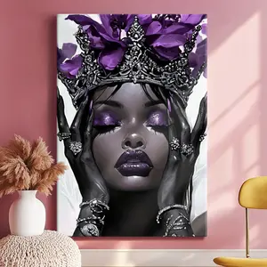 African American Canvas Wall Decor Art Posters Purple Fashion Black Art Print Woman Pictures with Crown African Queen Painting Home Decor Framed, Wooden Framed Wall Art, Wrapped Canvas Vintage Prints Poster Decoration Artistic