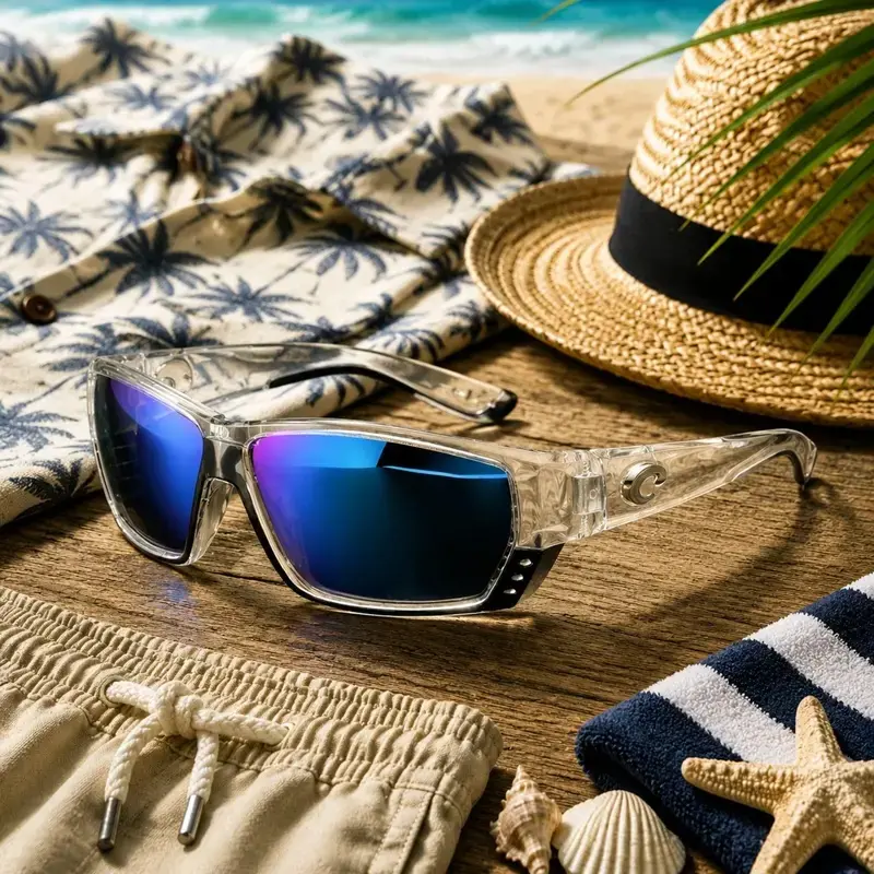 Costa Del Mar Polarized Sunglasses: Crystal Clear Frame with Blue Mirror 580P Lenses, Ideal for Fishing and Outdoor Adventure
