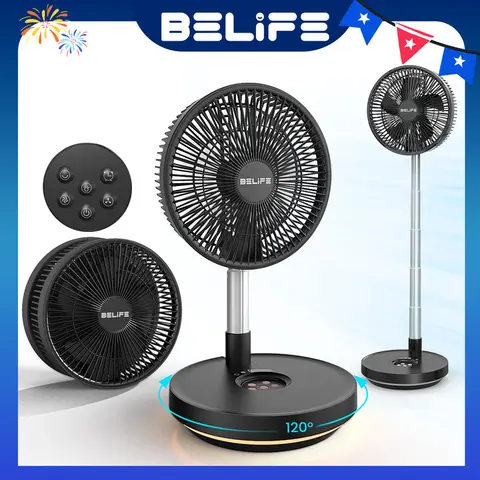 Belife X10 Multifunctional Oscillating Tower Fan - Portable, Adjustable Ht., Foldable, 8h Timer, LED Light, Remote, 7200mAh USB Charging, Anti-Slip Base, Batteries Only for Camping, Home