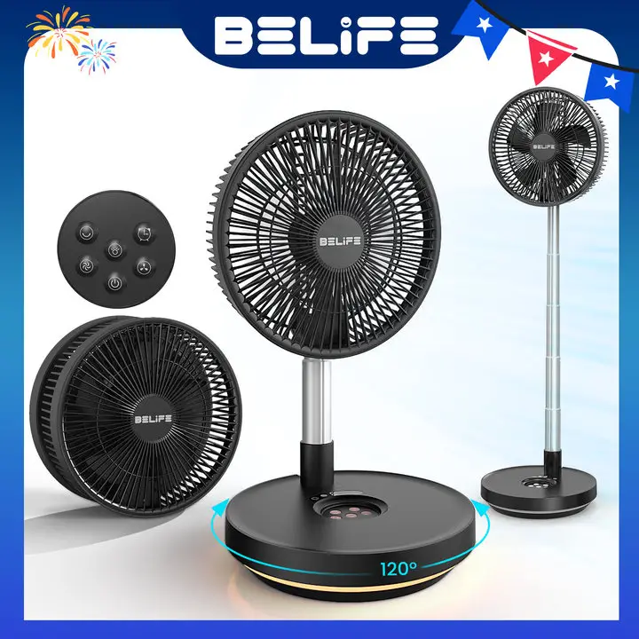 Belife X10 Portable Fan, Cordless Oscillating Fan with Remote, Foldable Adjustable Height Fan with LED Light & Timer, USB Rechargeable 7200mAh Battery