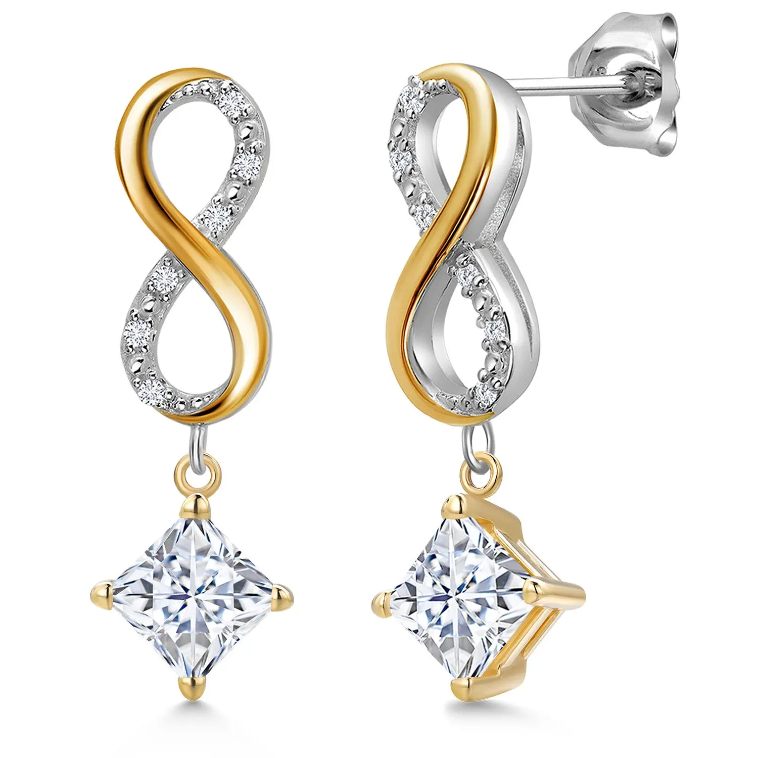925 Silver and 10K Yellow Gold White Moissanite and Lab Grown Diamond Dangle Earrings for Women | 1.66 Cttw | Gemstone Birthstone | Princess 5MM