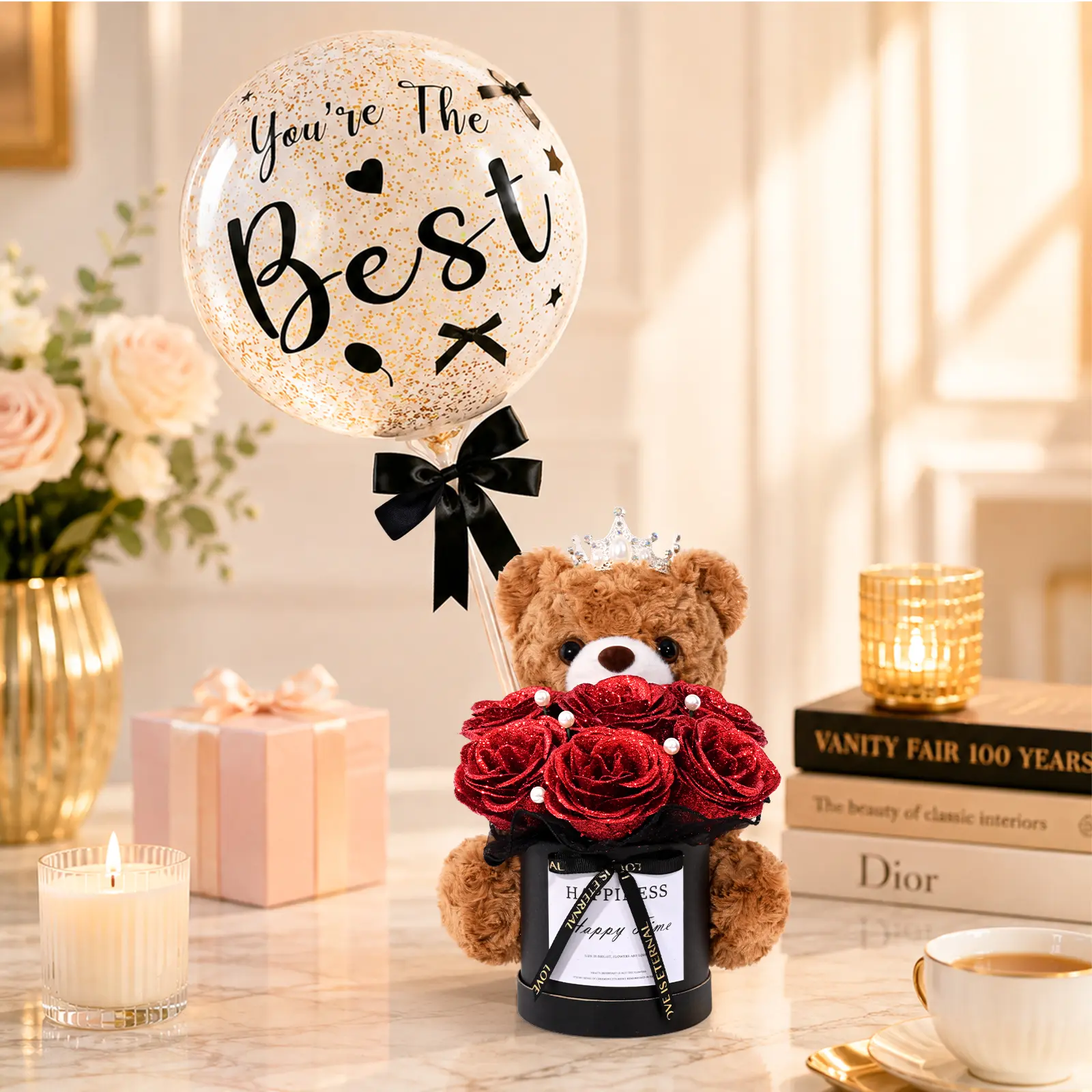 Hand‑Assembly Teddy Bear Rose Flower Box Kit, Complete DIY Bouquet Set Including Glitter Balloon, Crown, Bows, Stickers & Inflator, Thoughtful Gift for Birthday, Anniversary, Mother’s Day, Valentine’s Day