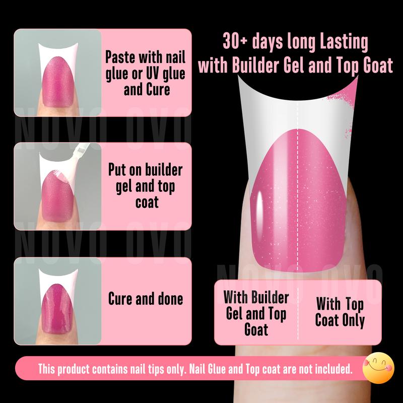 NOVO OVO Duck Nail White French Tips Press On ROSE PINK with Glitter, Full Cover Acrylic with Moon Curve, Medium Thick Pre-Etched Flare Wide Soft Gel False Nail Extension x 15 Sizes 150 pcs【NO GLUE ,TOP COATAND LAMP INCLUDED】