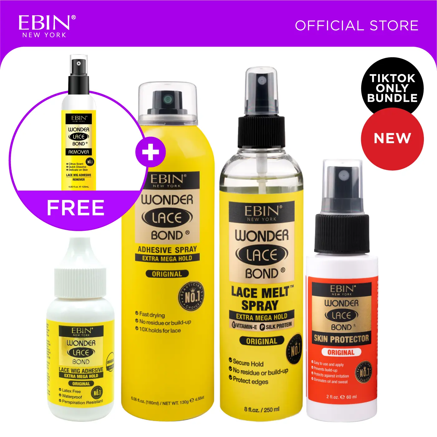 EBIN Wonder Lace Bond Adhesive Spray Kit with FREE Remover Spray | Extra Mega Hold, Fast-Dry, Easy Application