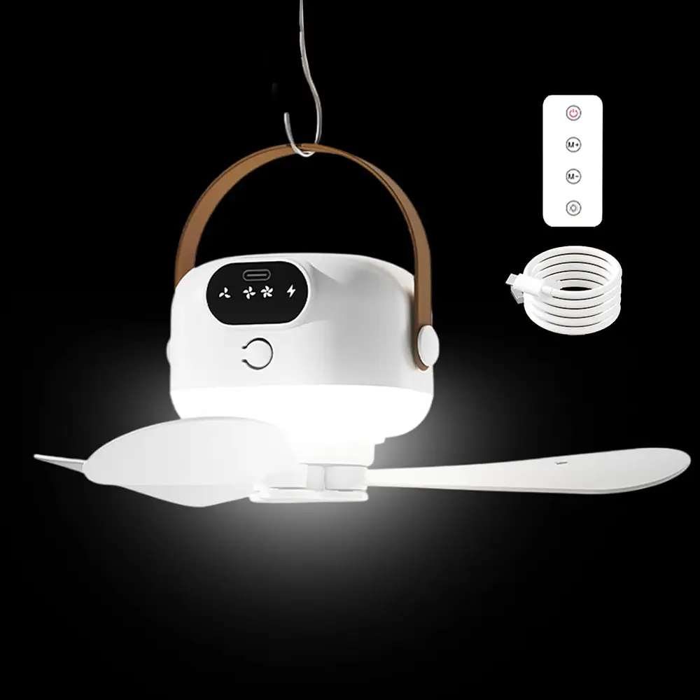 Ceiling Fan with Light & 2400mAh Battery, Remote Control Camping Fan Light, Hanging Fan for Camping/Gazebo/Patio, 3-Speed Outdoor Rechargeable Fan for