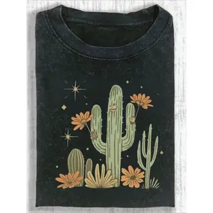 Desert Cactus Wildflower Graphic T Shirt Unisex Top Vintage Washed Oversized Crewneck Short Sleeve Soft Cotton Casual Streetwear Summer Outfit