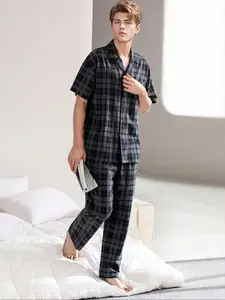 Men's Lightweight Knit Fitted Casual Checkered Short Sleeve and Long Pants Pajama Set, Summer Homewear Loungewear for Relaxation and Comfort
