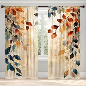 2-Piece set, modern leaf art print curtains - filter rod bag design, warm orange, yellow and green autumn leaf pattern, perfect for bedroom kitchen office living room home decoration, room decoration, Window Curtain