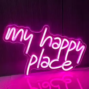 My Happy Place Neon Sign Pink LED Wall Decor USB Powered for Girls Bedroom Birthday Party Wedding Christmas Halloween Aesthetic