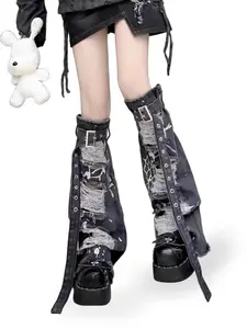 Spicy Girl Ripped Denim Leg Warmers with Hole Details, Perfect for College-Inspired Looks, Versatile, Slimming, Vintage-Sweet-and-Edgy Mid-Calf Slouchy Socks Leg Warmers, Embodying Subculture and Y2K Millennium Aesthetic