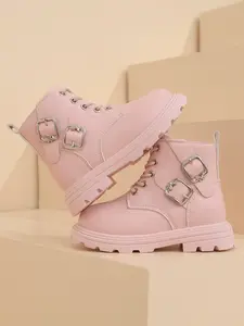 Girls' Cute Buckle Decor Boots, Faux Leather with Metal Buckle Accents, Comfortable Chunky Sole, Kids' Footwear for School & Daily Wear