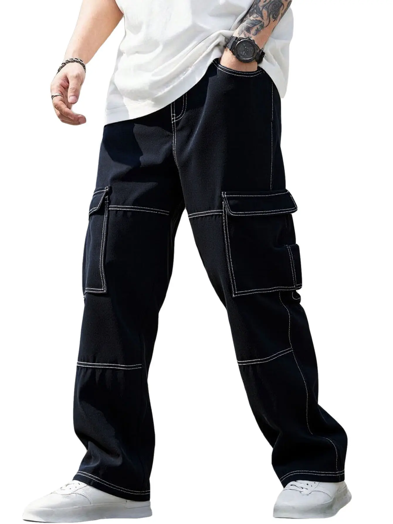Men's Cotton H-Type Cargo Pants - Mid Waist, Loose Straight Leg, Plain Athletic Streetwear Trousers for Father, Working, All Seasons Fashion Casual Bottoms