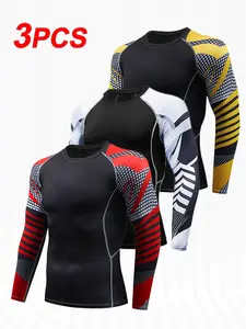 3-Pack Men's Colorblock Print Long Sleeve Compression Sports Tee Breathable Comfortable Tight T-shirt for Running Cycling All Seasons Supportive Design
