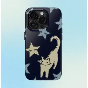 Cat and Stars Phone Case Cute Animal Celestial Dreams Night Girly Hand-Drawn for iPhone Pro Max 16 15 14 13 12 Compatible with Samsung Galaxy S25