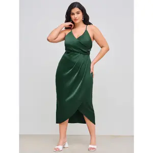 Cider [2 colors, size 0-24] Satin V-neck Wrap Knotted Midi Dress Curve & Plus