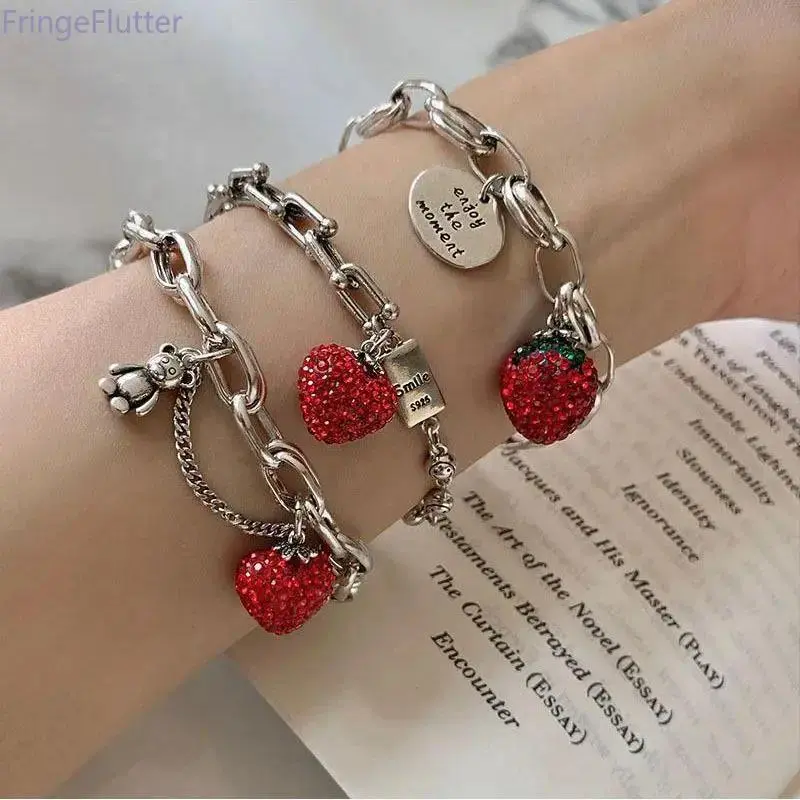 Women's Silver Thick Chain Bracelet with Sparkling Strawberry Zircon Charm, Stackable Exquisite Bracelet, Fashionable Jewelry, Trendy Jewellery Accessories for Party Use (Sports & Outdoor Protective Gear Accessory)