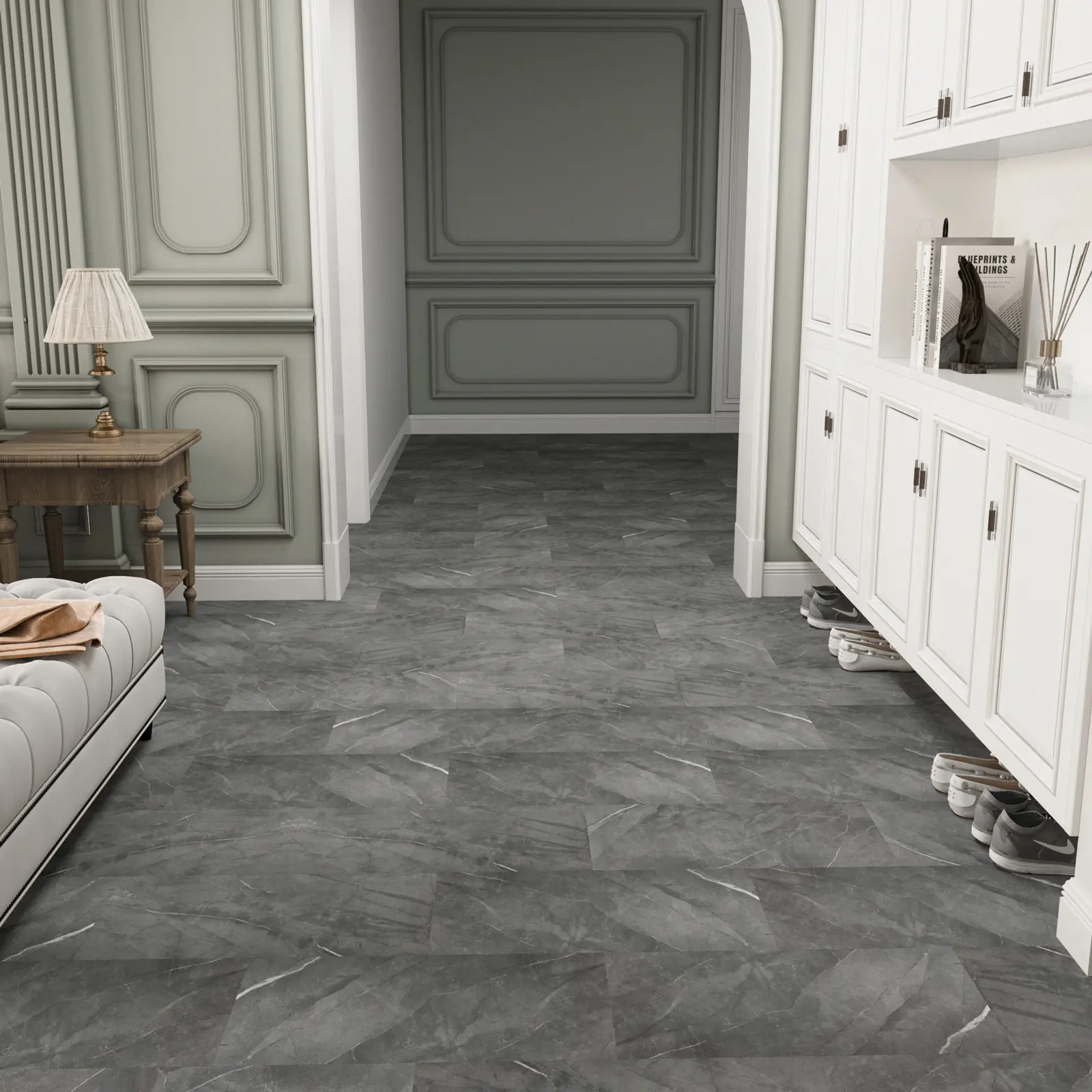 Jeedeson Square Dark Gray Marble Pattern Sheet Vinyl SPC Flooring Tile, 12in x 24in, 6mm Thick, 24MIL Wear Layer, Click-Lock, Slip-Resistant, Durable, Easy-Install, Eco-Friendly, Realistic Natural Textures for Laundry Room, Commercial Spaces, Sheet Vinyl