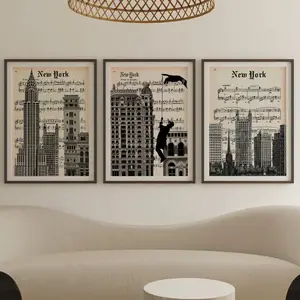 New York City skyline with iconic early 20th-century Wall Art Set of 3, Vintage New York City Architecture Print, NYC Sheet Music Poster Art