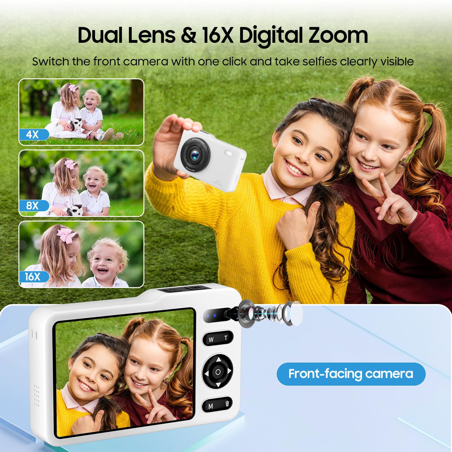 A kids' camera! Capture precious childhood memories without phone distractions. 64MP photos, 1080P video, 16x zoom, autofocus, stabilization and flash. 0.25 lbs lightweight, with 2 batteries and 64GB card included. Ideal gift. Digital Digital Portable