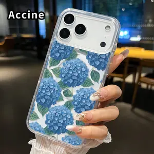 Magnetic Soft Case for iPhone 17 16  Pro Max Plus 15 14 13 12 11 Air E Blue Hydrangea Dream Pattern Anti-Yellowing Shockproof ultra-thin Silicone Crystal Transparent Acrylic Large Hole Cover Supports Wireless Charging