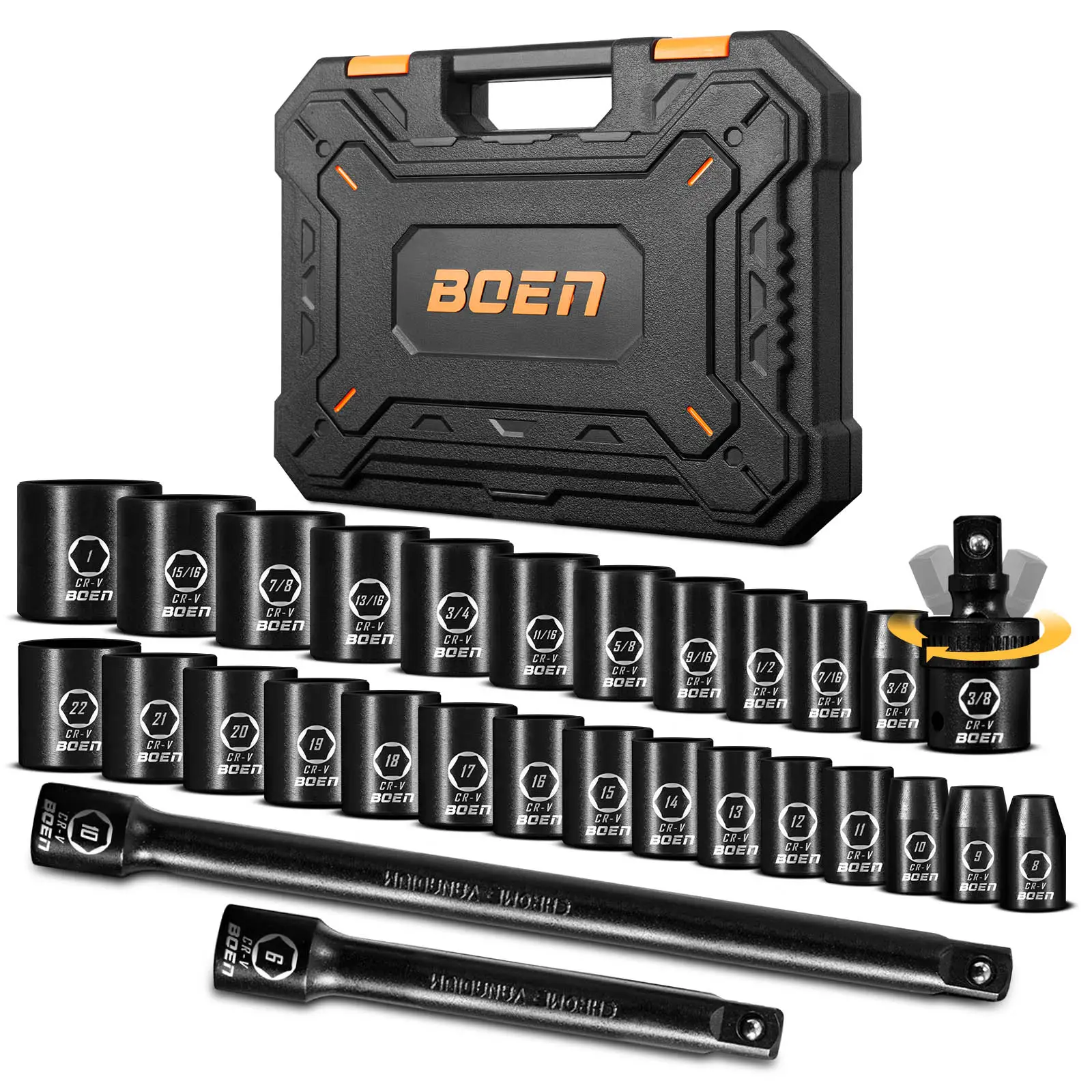 BOEN 3/8 inch Drive Cr-V Impact Socket Set, 29 Pcs Shallow Socket Set SAE 3/8" to 1" | Metric 8 to 22mm,Includes 6",10" Extension Bars,Universal Joint