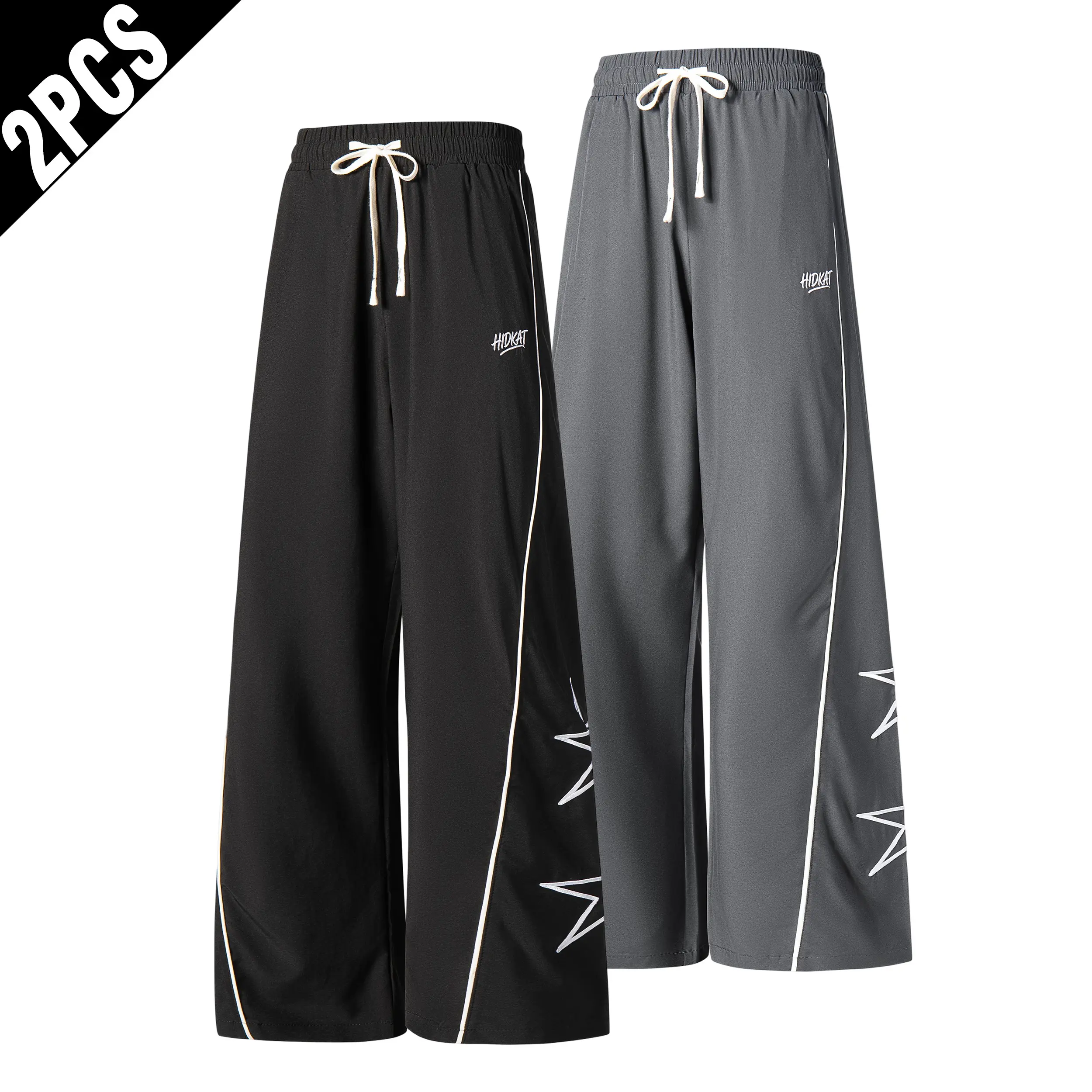 2 Pack Men Star Print Wide Leg Sweatpants, Side White Line Striped Baggy Pants, Elastic Drawstring Loose Y2K Streetwear Casual Trousers