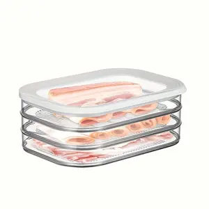 3-Tier Stackable Plastic Dishwasher Safe Food Storage Container for Bacon, Ham, and More - Square, Flip-Top, PS Material, Ideal for Fruits and Small Meats, Beautiful Refrigerator Organizer with Excellent Freshness Protectio