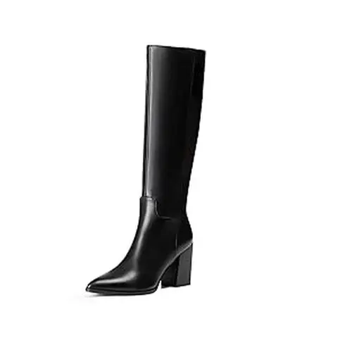 Vivianly Women's Black Wide Knee-High Block Heel Boots - Classic Pointed Toe, 8.8cm Chunky Heel, Soft Faux Leather, Full-Length Side Zipper, Rubber Sole, Dark Aesthetic Editorial Fashion Design Footwear, Walking Shoes for Stylish Daily Wear, All Seasons