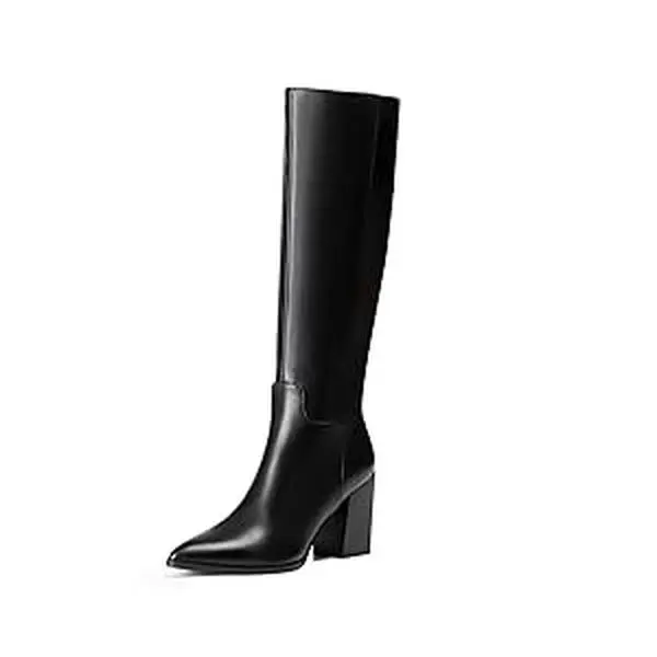 Vivianly Women's Black Wide Knee-High Shoe, Classic Pointed Toe, 8.8cm Chunky Block Heel, Soft Faux Leather, Full-Zipper, Rubber-Soled Comfortable Walking Shoe for Stylish Daily Wear, Walking Shoes
