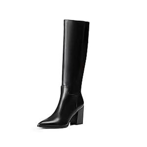 Vivianly Women's Black Wide Knee-High Boots Classic Pointed Toe 8.8cm Block Heel Soft Faux Leather Full-Zipper Comfortable Walking Shoes