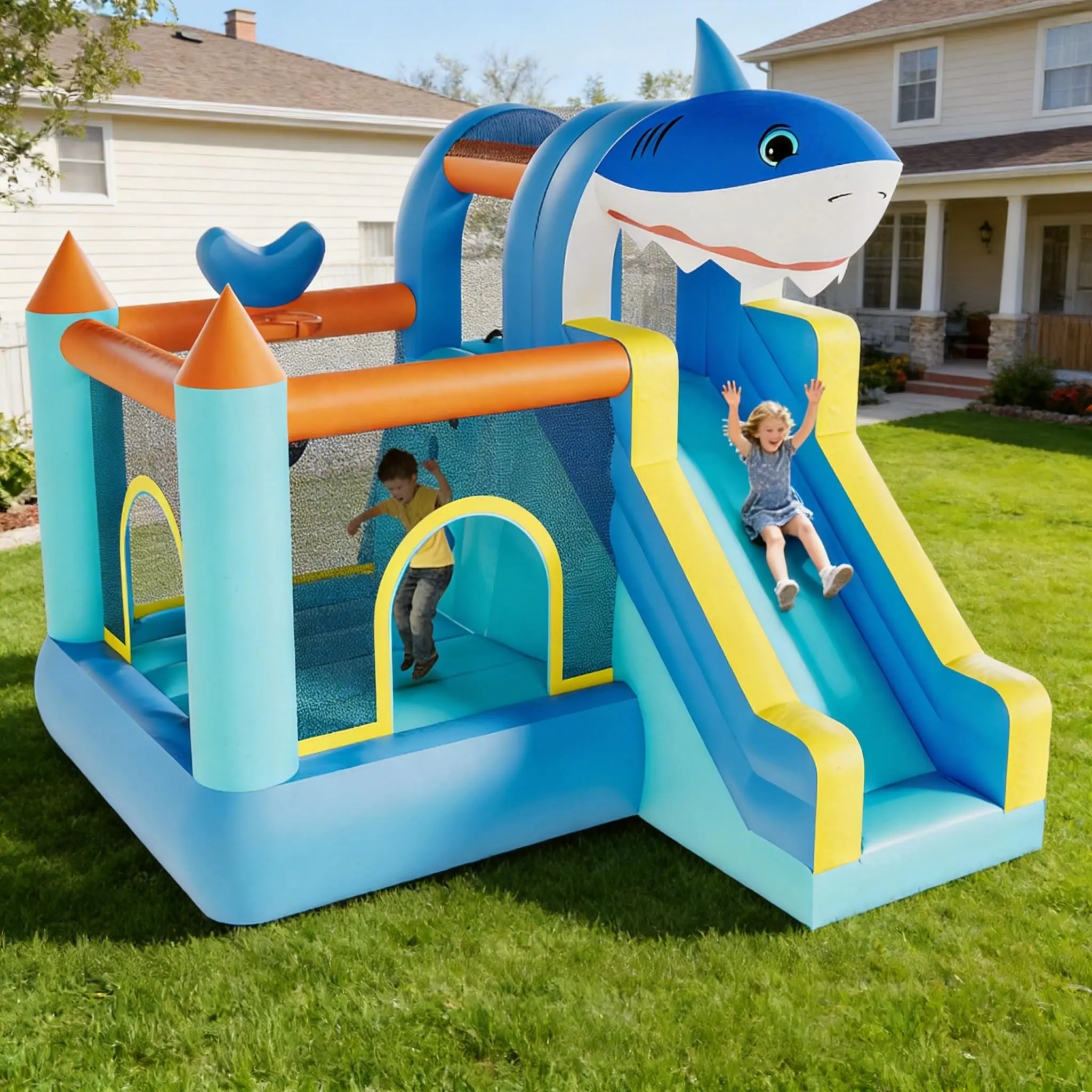 Kids Inflatable Bounce House with Slide, Blower, Climbing Wall & Hoop - Oxford Fabric Sports Play Equipment for Backyard, Playroom Indoor/Outdoor Use