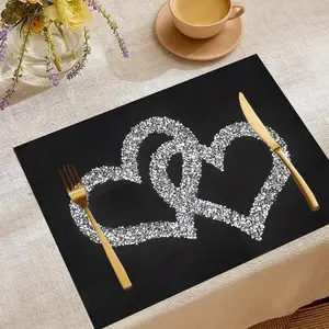 Interlocking Hearts Placemat Sparkling Silver Glitter Table Mat 1/4/6 Pack Romantic Family Dining Decor Wedding Anniversary Table Setting Coasters Tableware