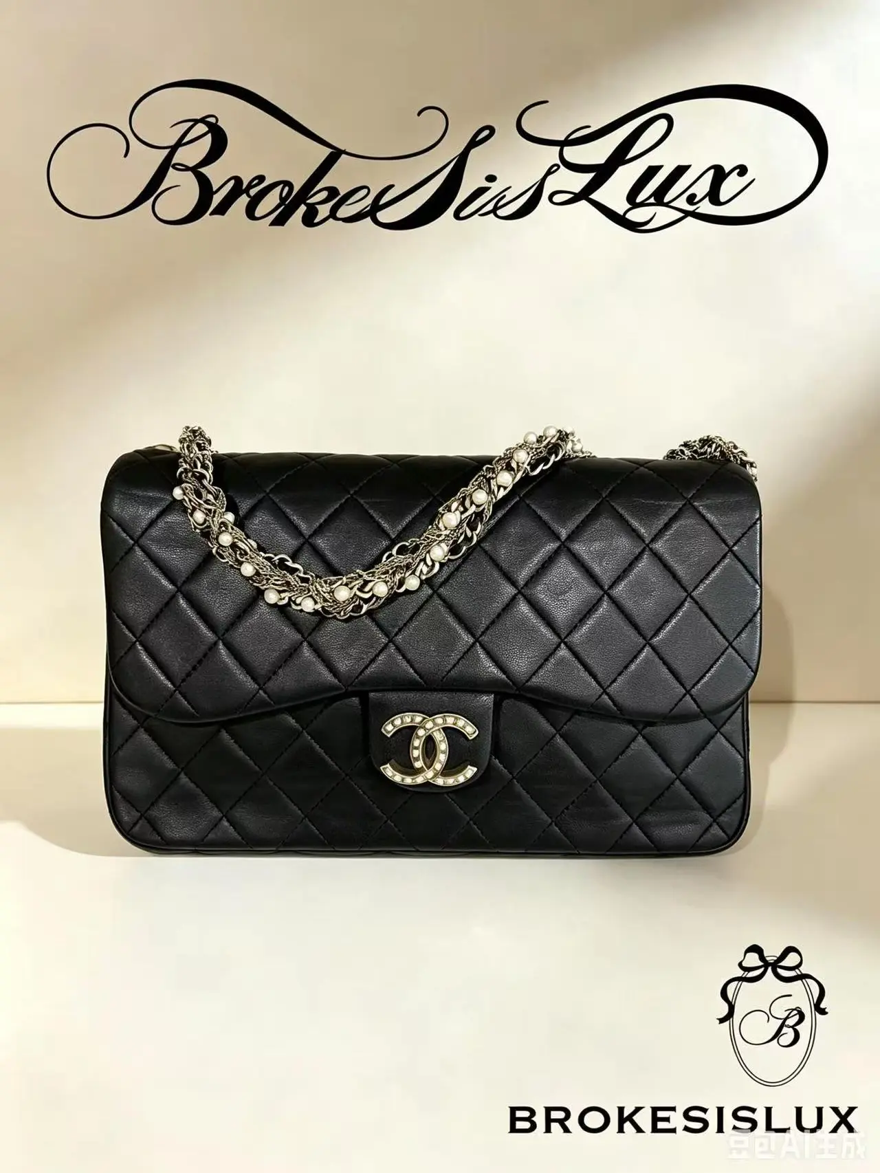 Pre-owned CHANEL Medium Classic Flap Black Lambskin with Custom Pearl Inlaid CC Clasp and Pearl Chain Accents