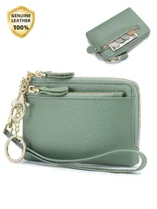 Zipper Pocket for Women Genuine Leather Small Wallet Coin Purse with Cash Card Slots Zipper Around Wristlet Keychain Wrist Strap Wallet