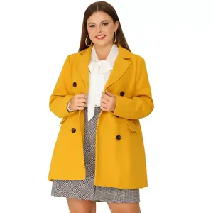 Women's Plus Size Winter Outfits Notched Lapel Double Breasted Overcoats - Agnes Orinda Mustard Yellow 3X