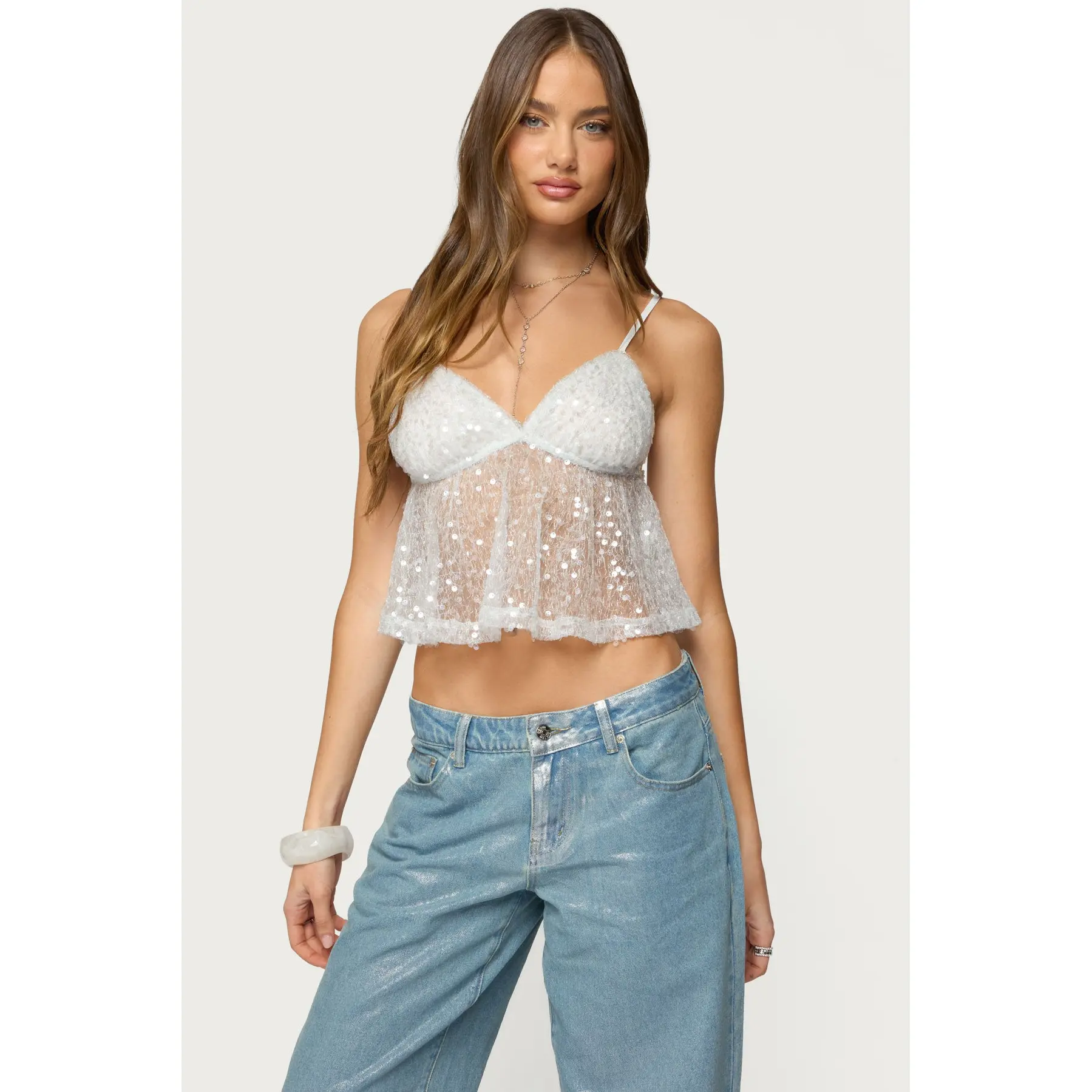 Sheer Sequin Babydoll Tank Top Sheer Sequin Babydoll Tank Top
