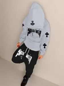 Men's stylish hoodie and pants set, featuring a trendy American street style with letter and cross prints, fashionable and casual, made with slight stretch and delicate pockets.Men's Clothing Men's Apparel