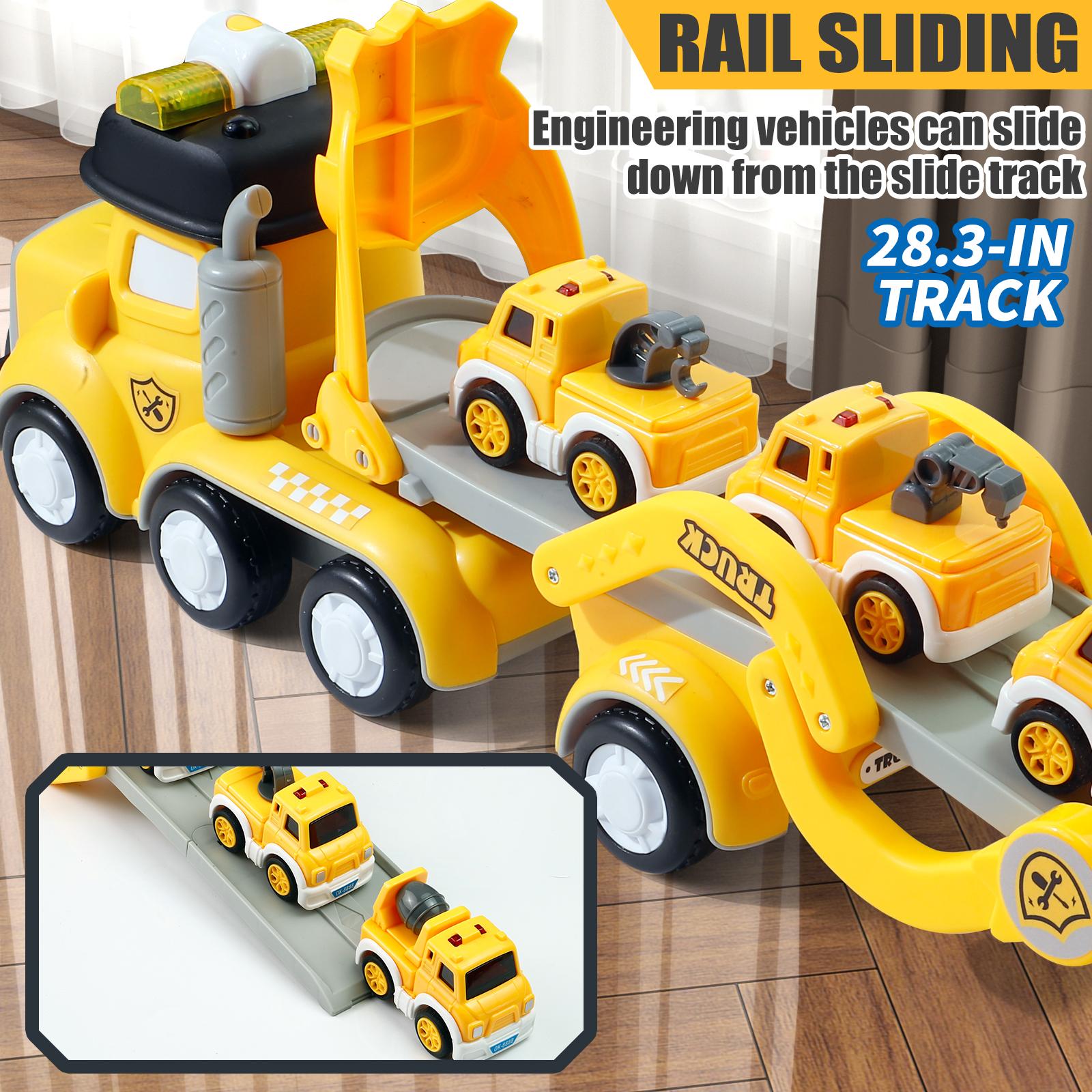 7-in-1 Transporter Car Carrier Truck Toy for Kids with 6 Mini Construction Vehicles, Track, Music, Lights 7-in-1 Transporter Car Carrier Truck Toy for Kids with 6 Mini Construction Vehicles, Track, Music, Lights