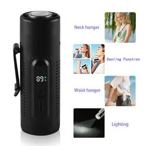 Portable, high-speed cooling handheld USB fan can be worn on the waist or neck; features a 20000 RPM brushless motor with a long battery life of 5000 mAh; LED light; and 5 wind speed settings. Ideal for camping, construction sites, and outdoor activities.