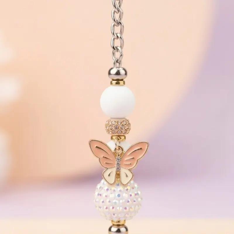 Pink Butterfly Pearl Beaded Keychain | Handmade Elegant Charm Keyring