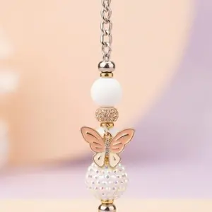 Pink Butterfly Pearl Beaded Keychain | Handmade Elegant Charm Keyring