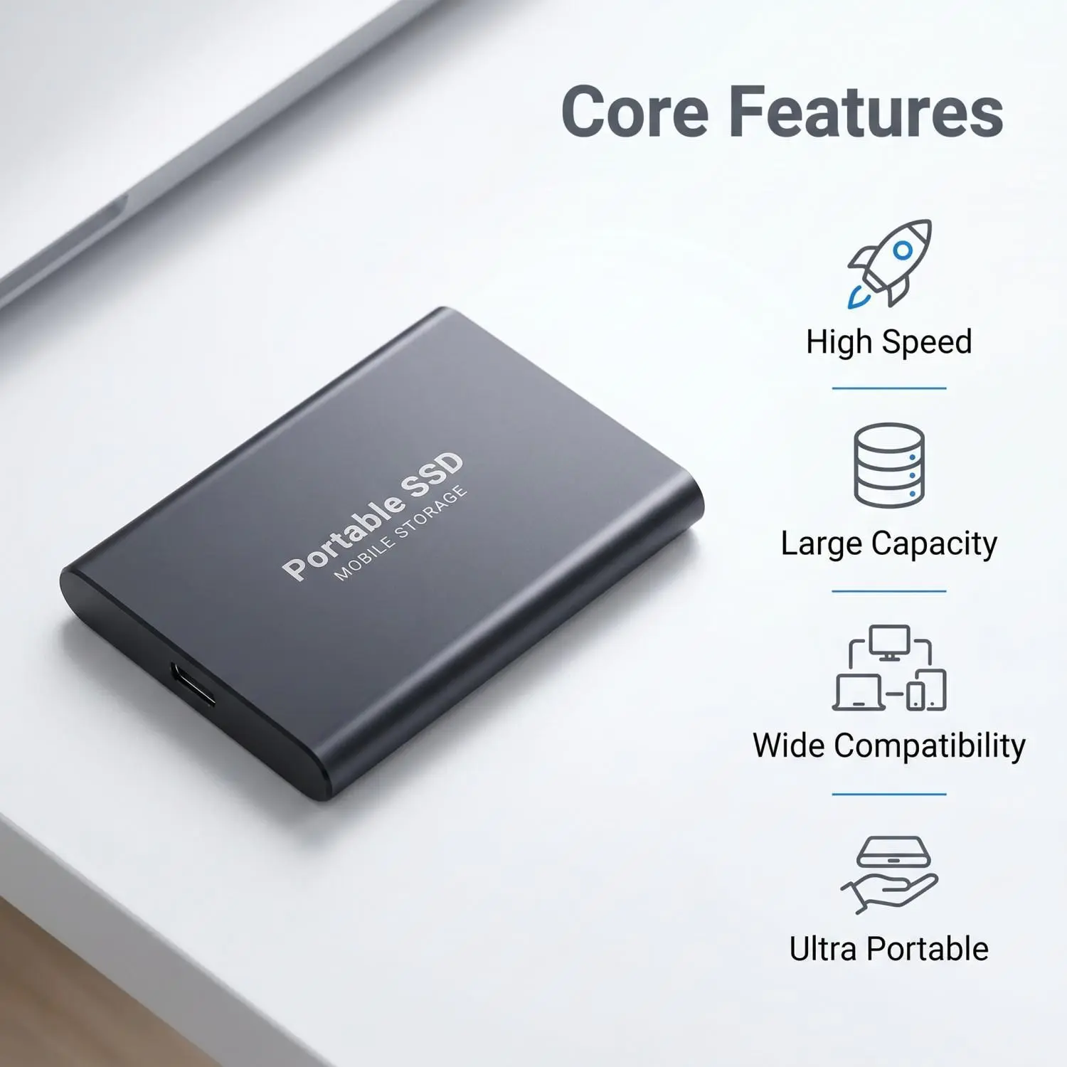 High Speed Portable External SSD USB 3.2 Type-C Large Capacity Storage for PC, Mac, Gaming & File Backup